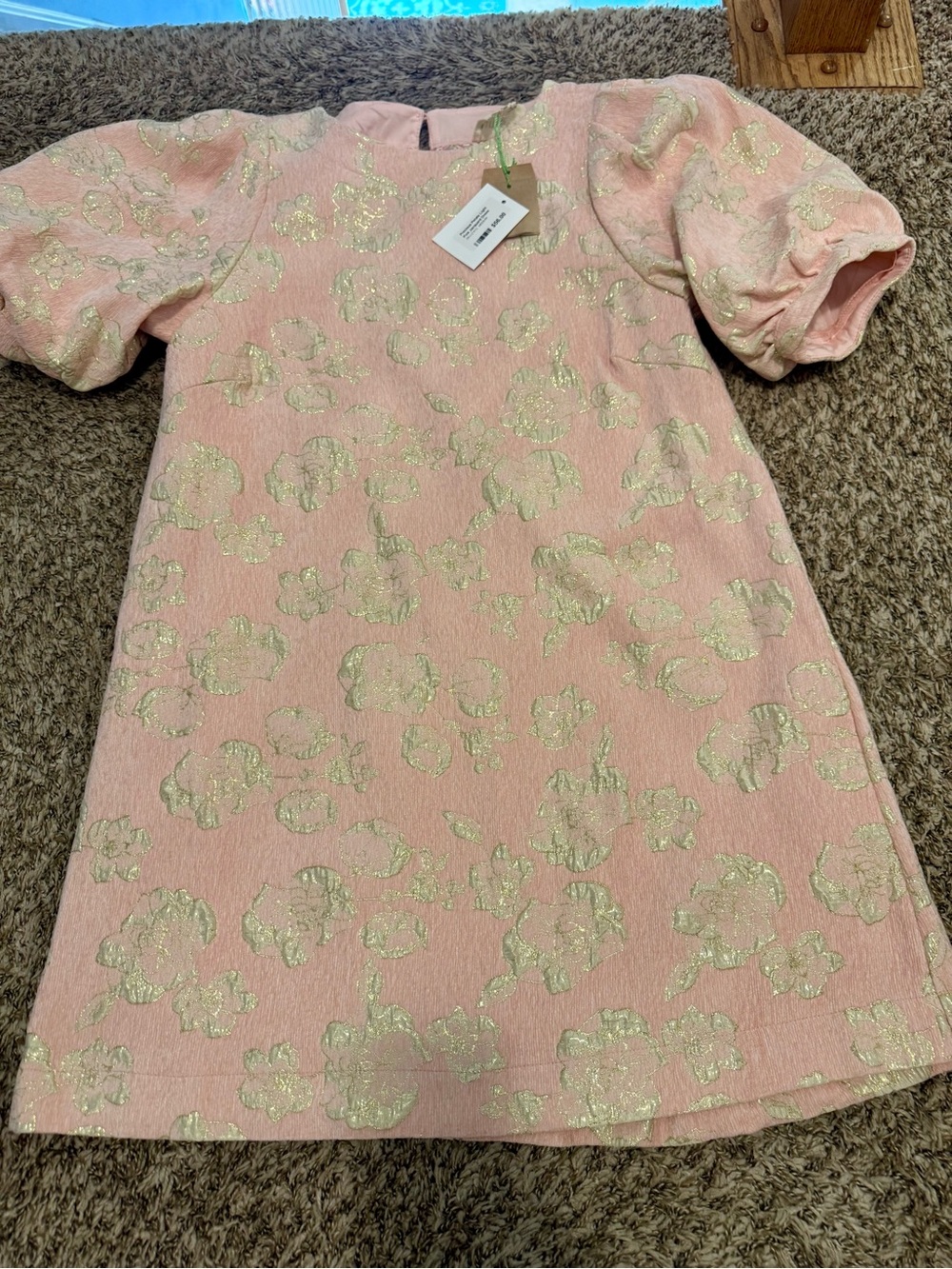 Pink Puff-Sleeve Mini Dress with Gold Floral Jacquard Detail